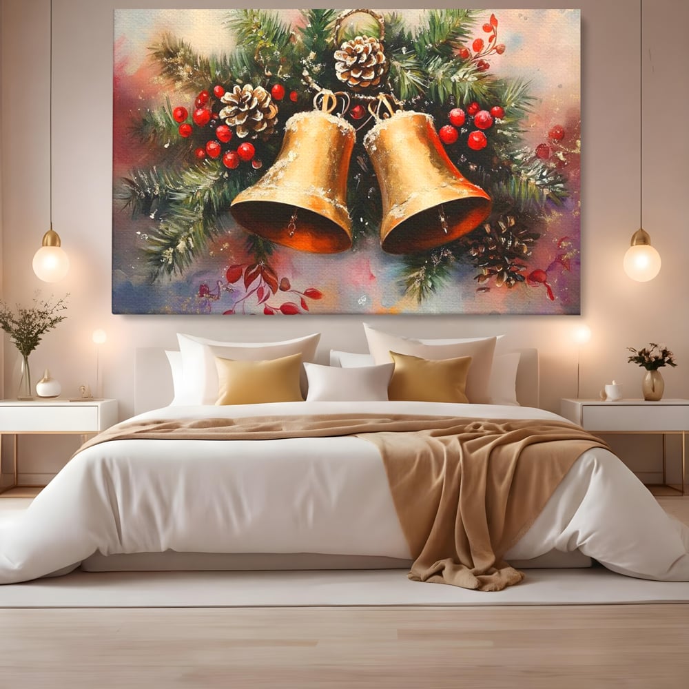 Tablou canvas cu tablou canvas cu clopotei aurii si conuri, fara rama, pe sasiu de lemn, pe perete intr-un dormitor